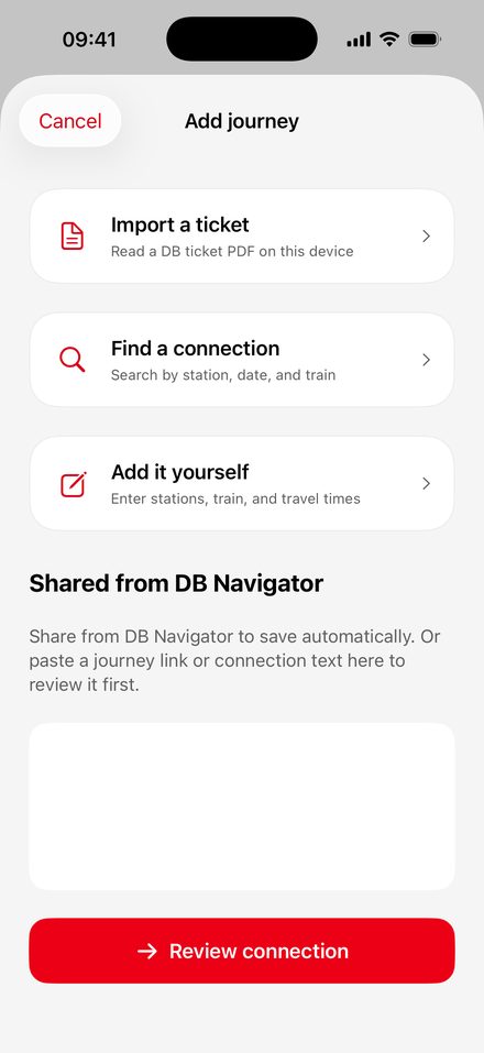 Takto’s Add journey screen with the options Import a ticket, Find a connection and Add it yourself, above a field for a link shared from DB Navigator.