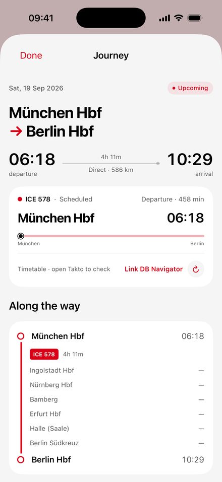 Journey details for München Hbf to Berlin Hbf on Saturday 19 September 2026: departure 06:18, arrival 10:29, direct, 586 km, followed by the stops along the way on ICE 578.